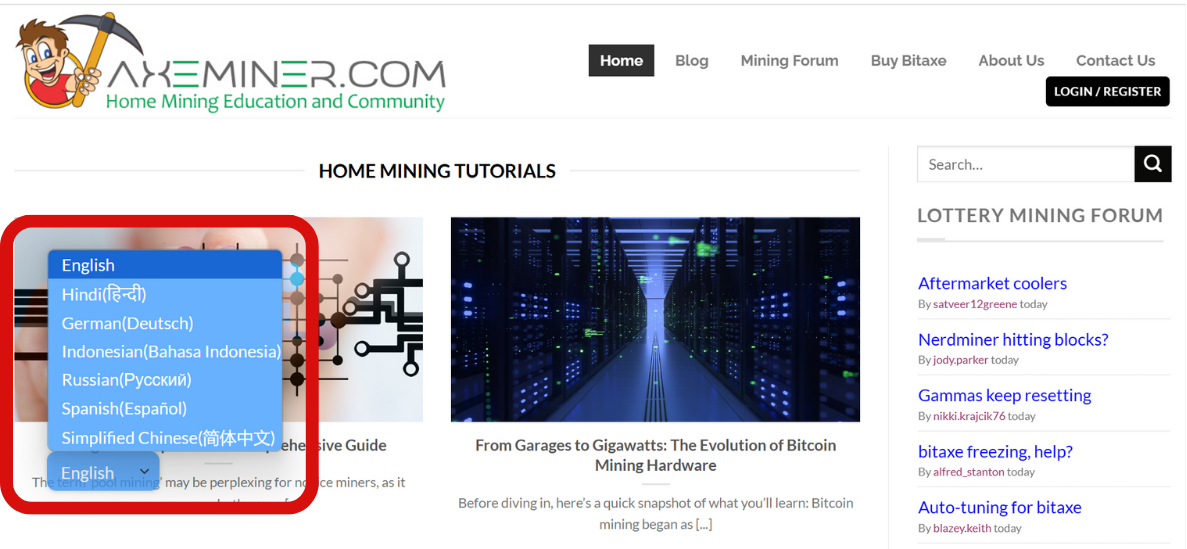 Axeminer Website with MultiLipi Language Toggle